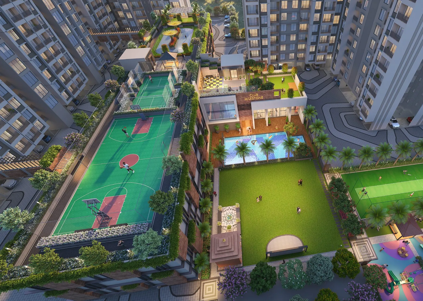 Club Milestone clubhouse aerial view with pool and sports courts