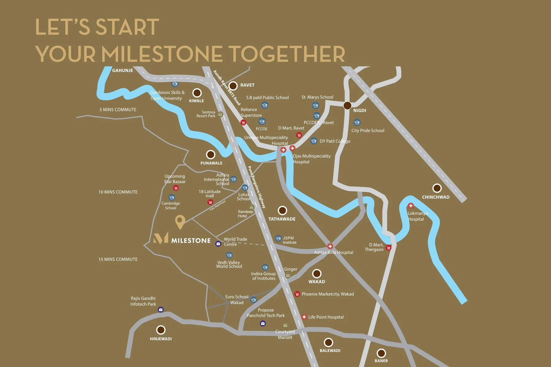 Legacy Milestone connectivity map showing nearby schools, hospitals, malls and business hubs